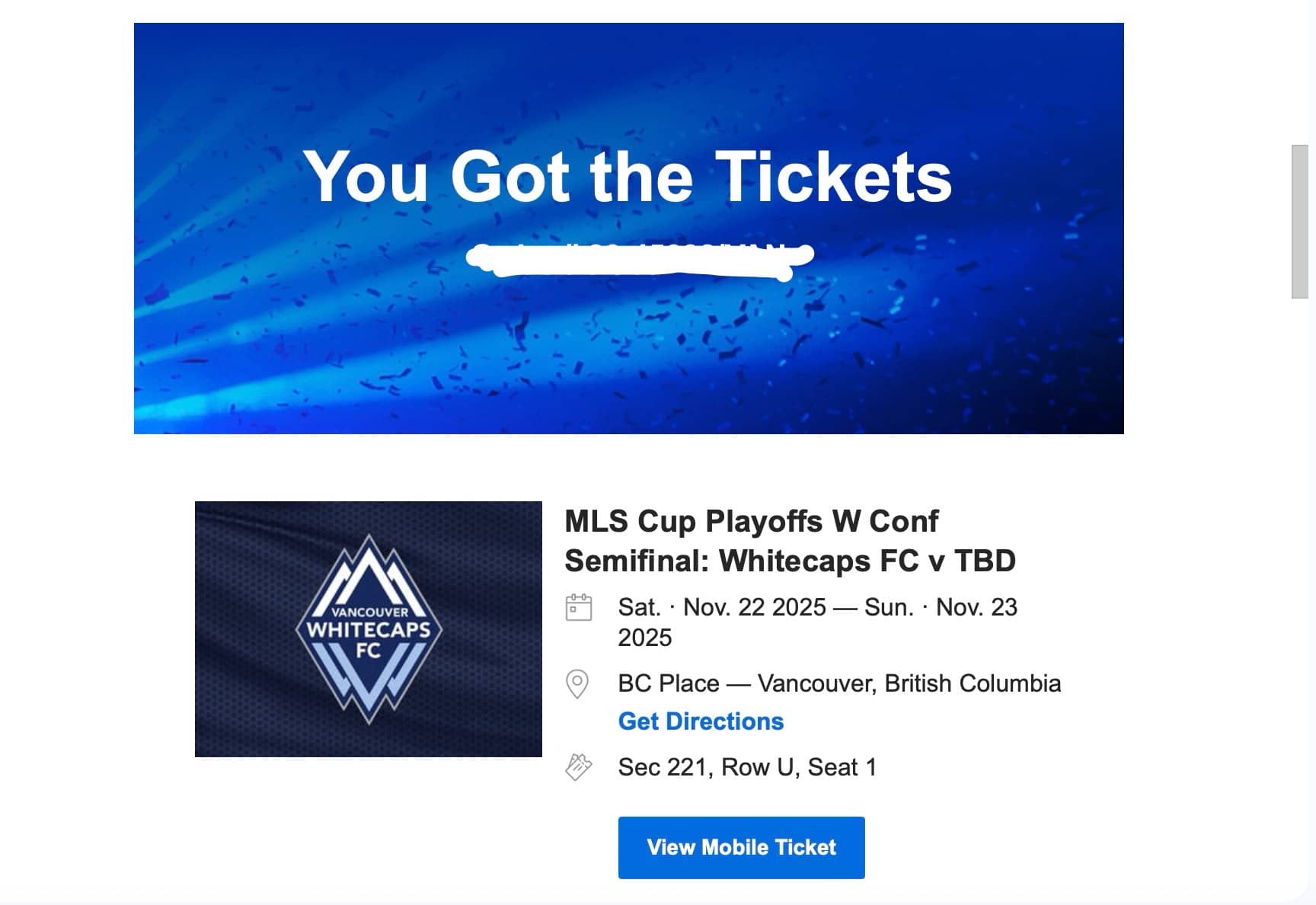 밴쿠버화이트캡스 vs LA FC 플레이오프 좋은 자리 티켓 1개 팝니다! 썸네일